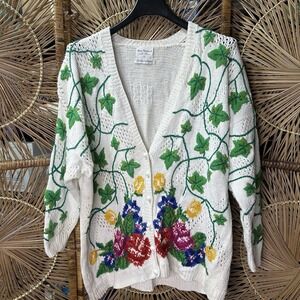Vintage 90s Marisa Christina Chunky Hand Knit Floral Flowers Sweater Cardigan 2x